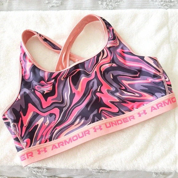 Under Armour Mid Stamp pink Medium Impact sports Bra Racer Back Sz 2X - Picture 2 of 5
